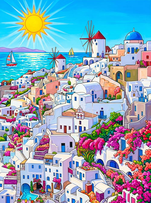 Mykonos Windmills (150 Color Diamond Painting)
