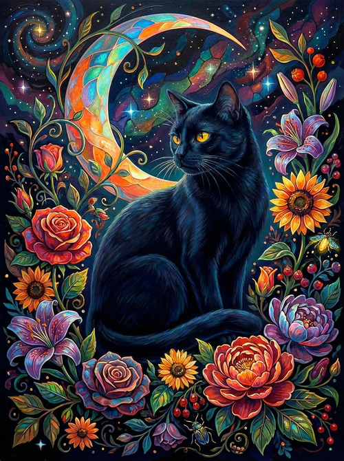 Mystical Black Cat Moon (100 Color Diamond Painting)