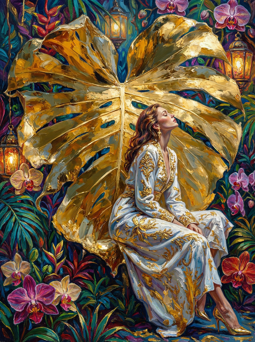 Mystical Woman Golden Leaves (100 Color Diamond Painting)