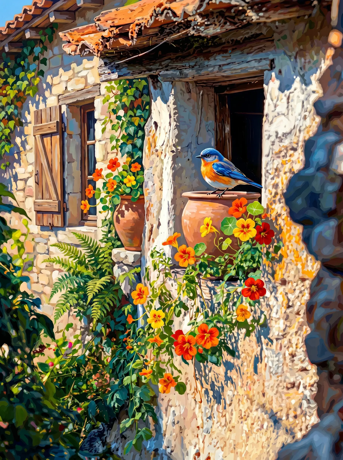 Nasturtium Cottage Bluebird (Diamond Painting) Diamond Painting kit