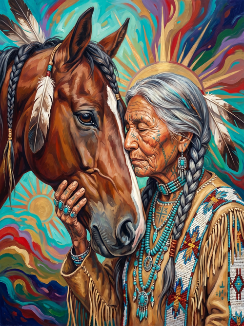 Native Elder Woman Horse Bond (150 Color Diamond Painting)