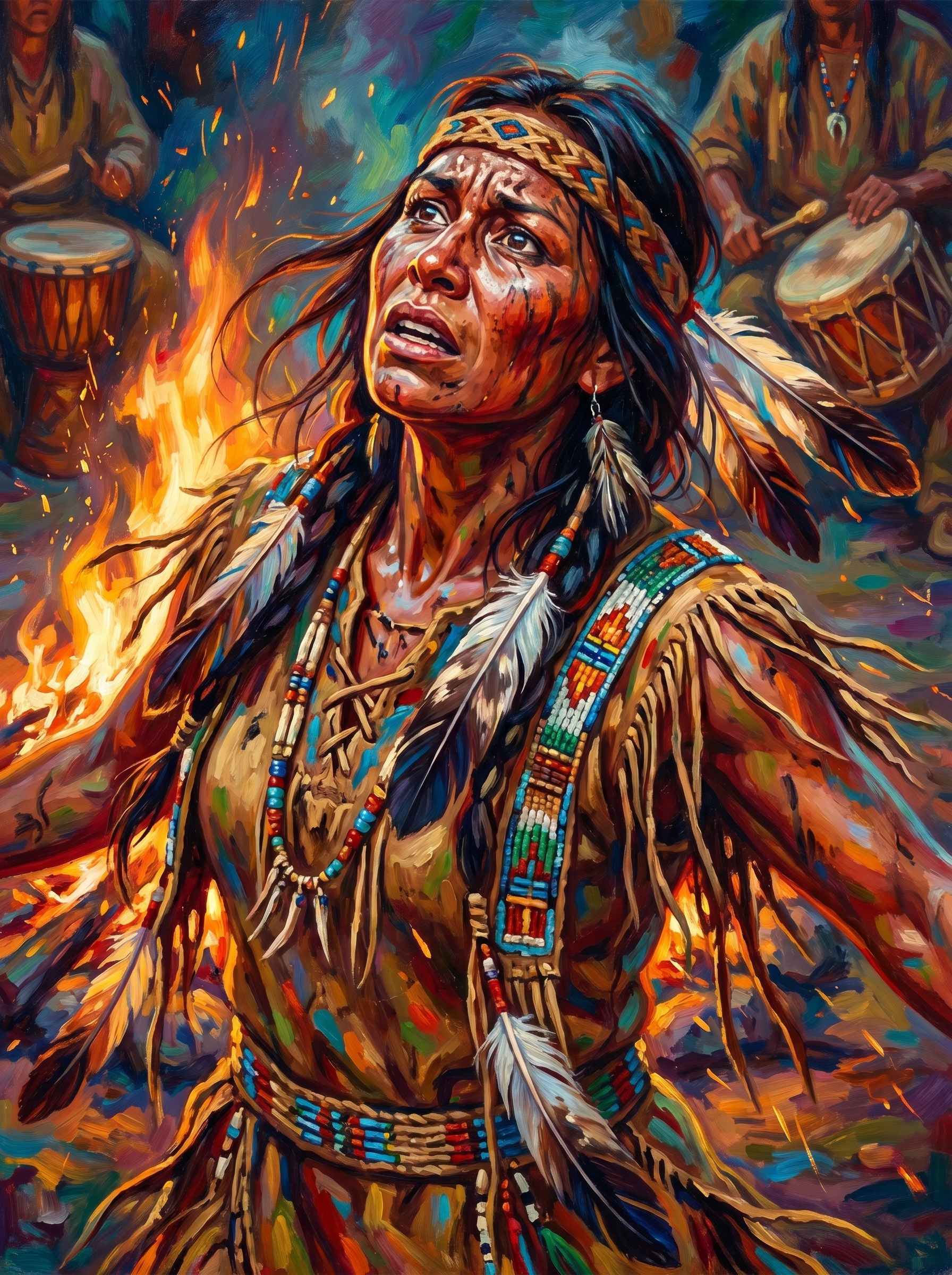 Native Woman Firelight Drummers (150 Color Diamond Painting)
