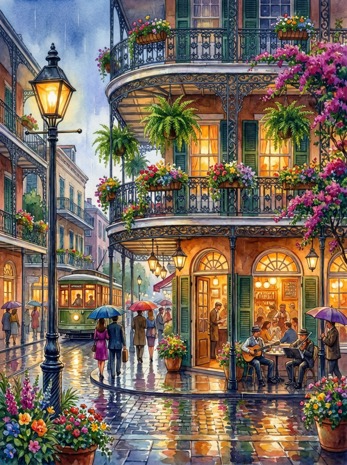 New Orleans Rainy Cafe Watercolor (150 Color Diamond Painting)