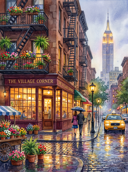 New York Greenwich Village Rainy Café
