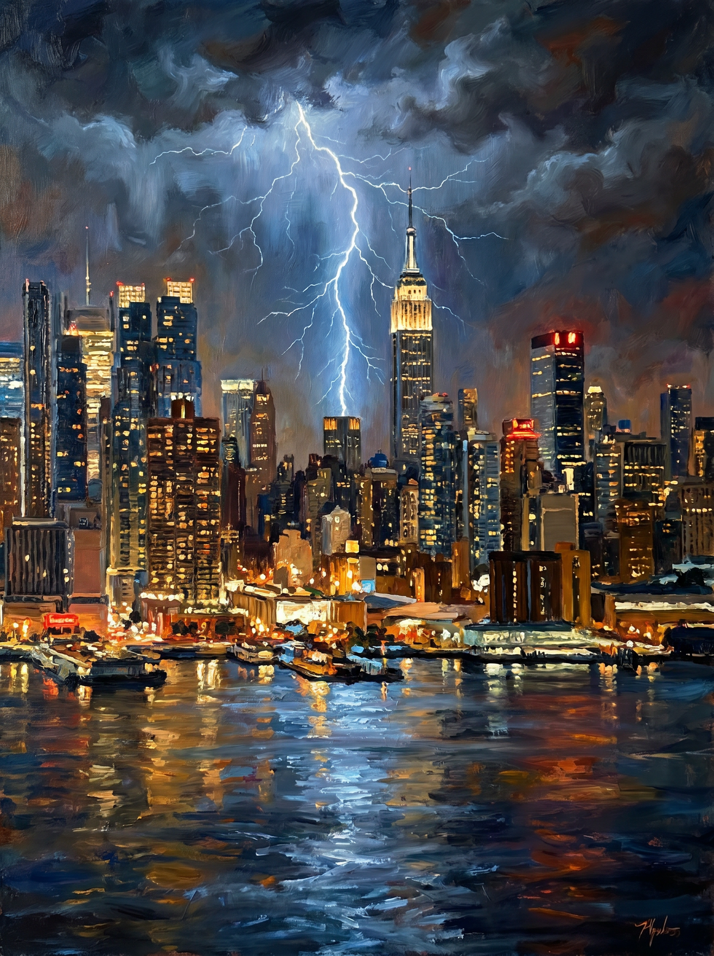 New York Skyline Thunderstorm Night