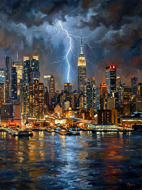 New York Skyline Thunderstorm Night