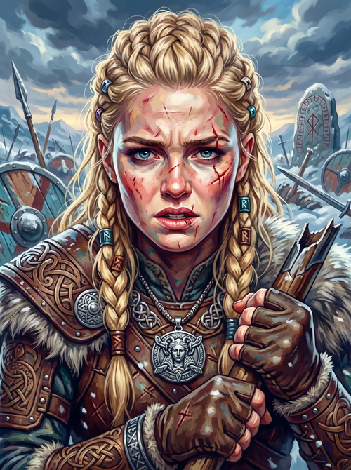 Norse Shieldmaiden Snowy Battlefield (150 Color Diamond Painting)