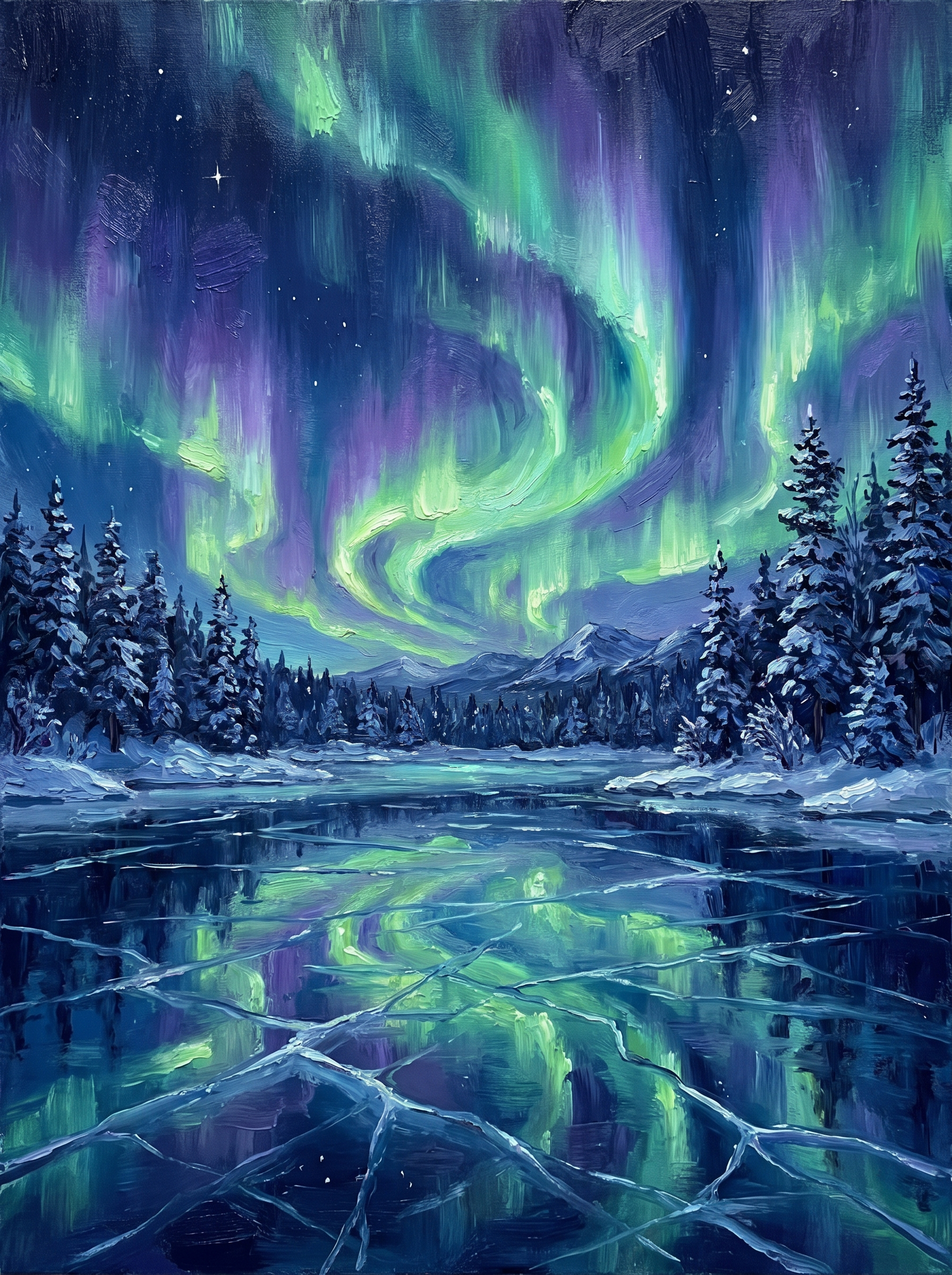 Northern Lights Frozen Lake Pines