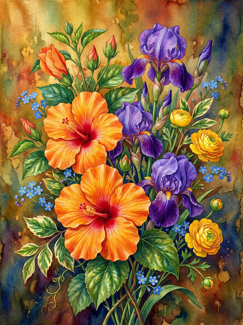 Orange Hibiscus Iris Bouquet (Diamond Painting)