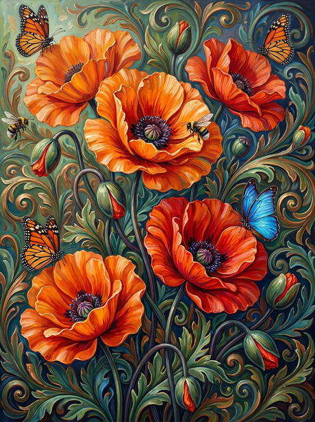 Orange Poppy Butterflies Ornate (Diamond Painting) Diamond Painting kit