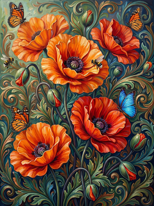 Orange Poppy Butterflies Ornate (Diamond Painting)