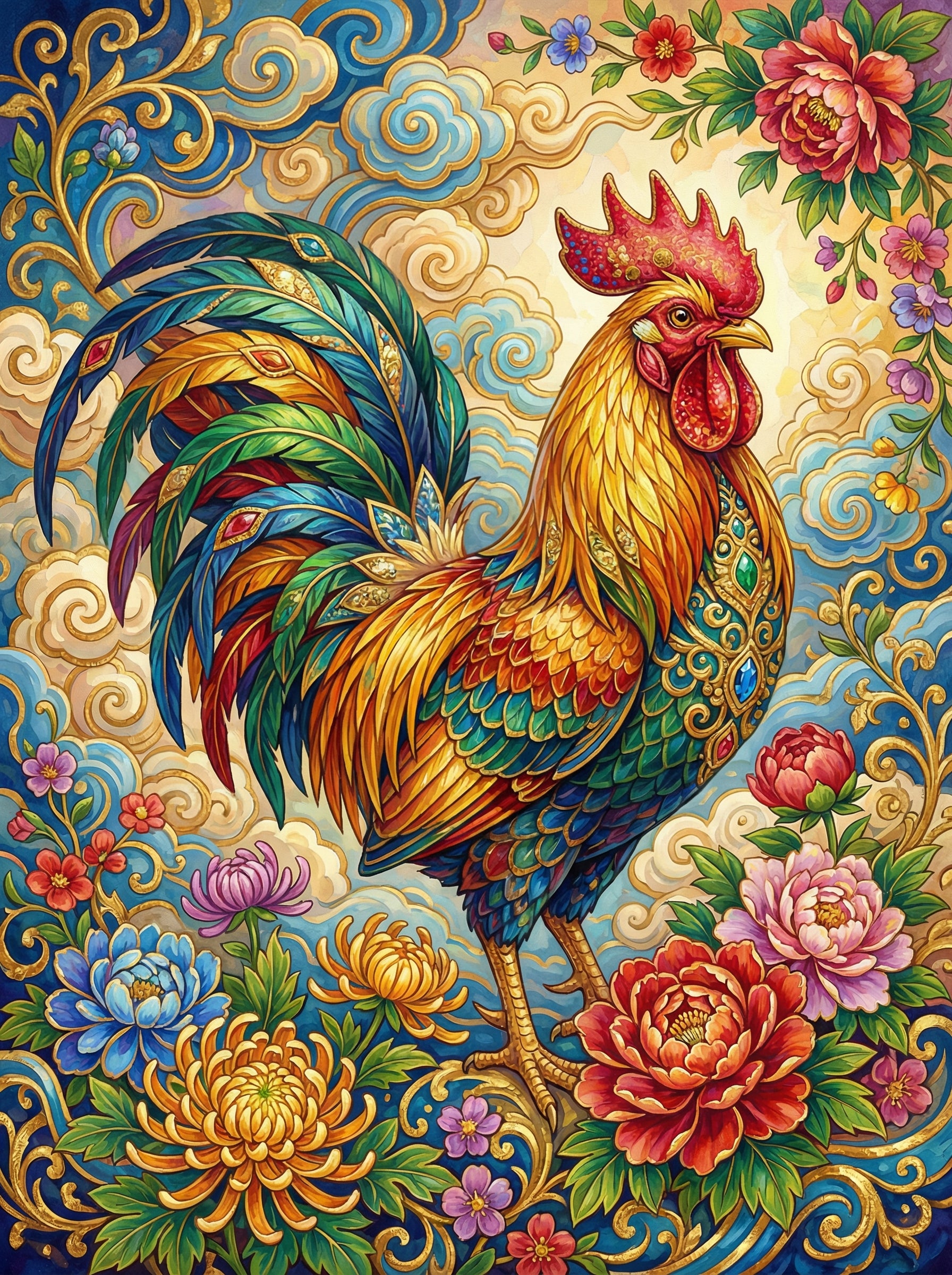 Ornate Rooster With Flowers (Diamond Painting) Diamond Painting kit