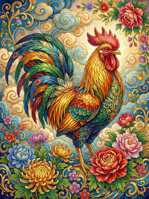 Ornate Rooster With Flowers (80 Colors)