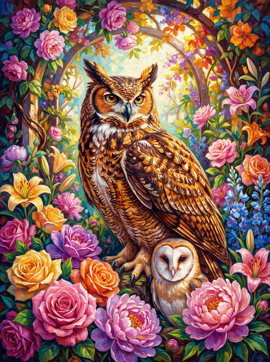 Owl In Floral Wreath (100 Color Diamond Painting)