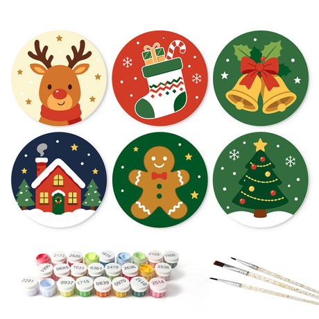 Starlit Cottage and Jingle Bells mini board kit – Six Christmas circles: reindeer in a scarf, stocking of gifts, gold bells, snowy red cottage, gingerbread man, tree