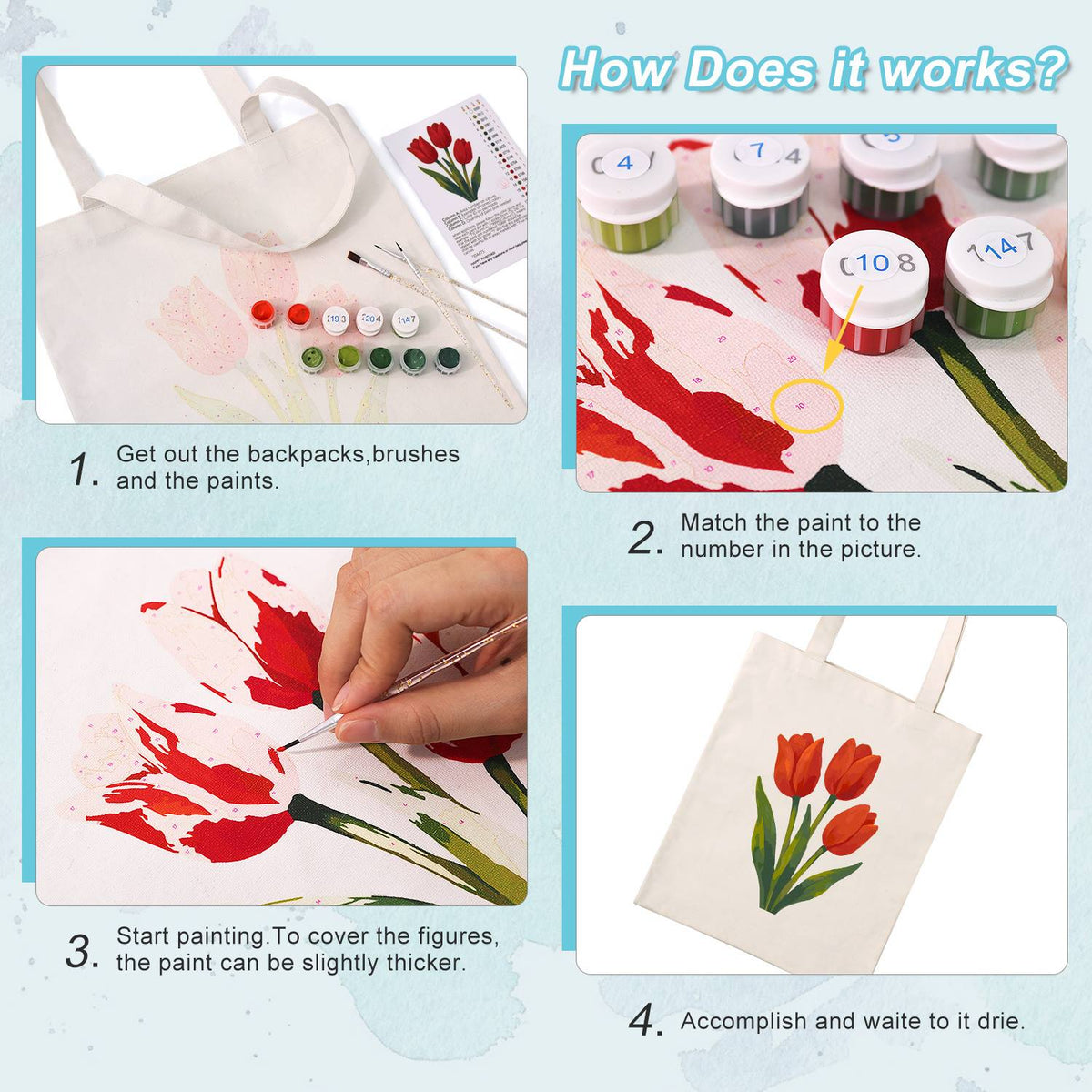 Three Scarlet Tulips paint by numbers tote bag – image 11