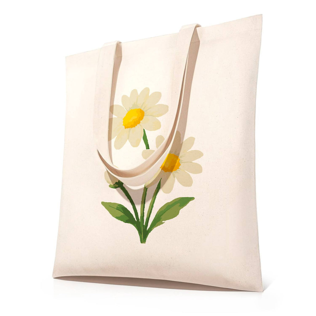 Twin Daisies in Bloom paint by numbers tote bag – Two white daisies with yellow centres on green stems and leaves