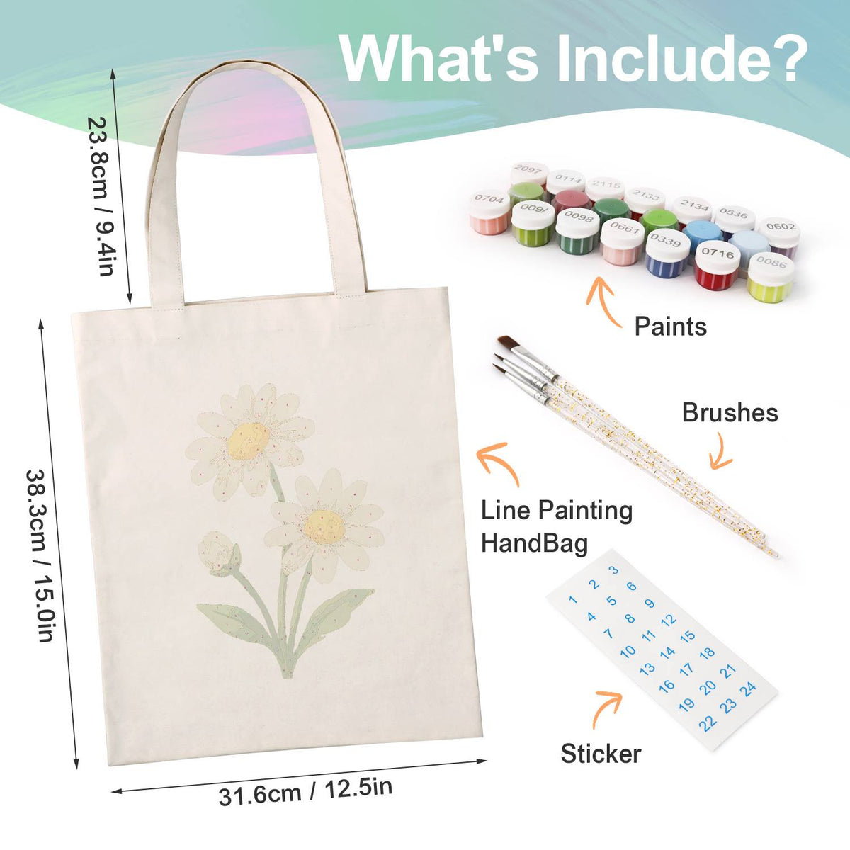 Twin Daisies in Bloom paint by numbers tote bag – what's in the kit: the canvas tote, numbered paints, brushes and stickers