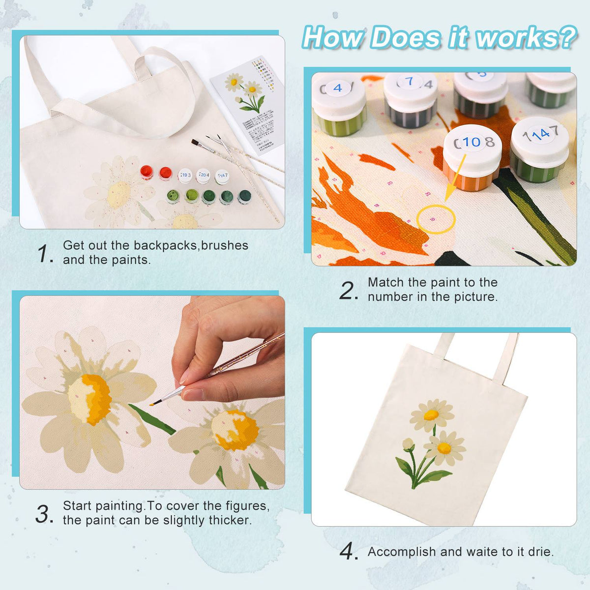 Twin Daisies in Bloom paint by numbers tote bag – image 11