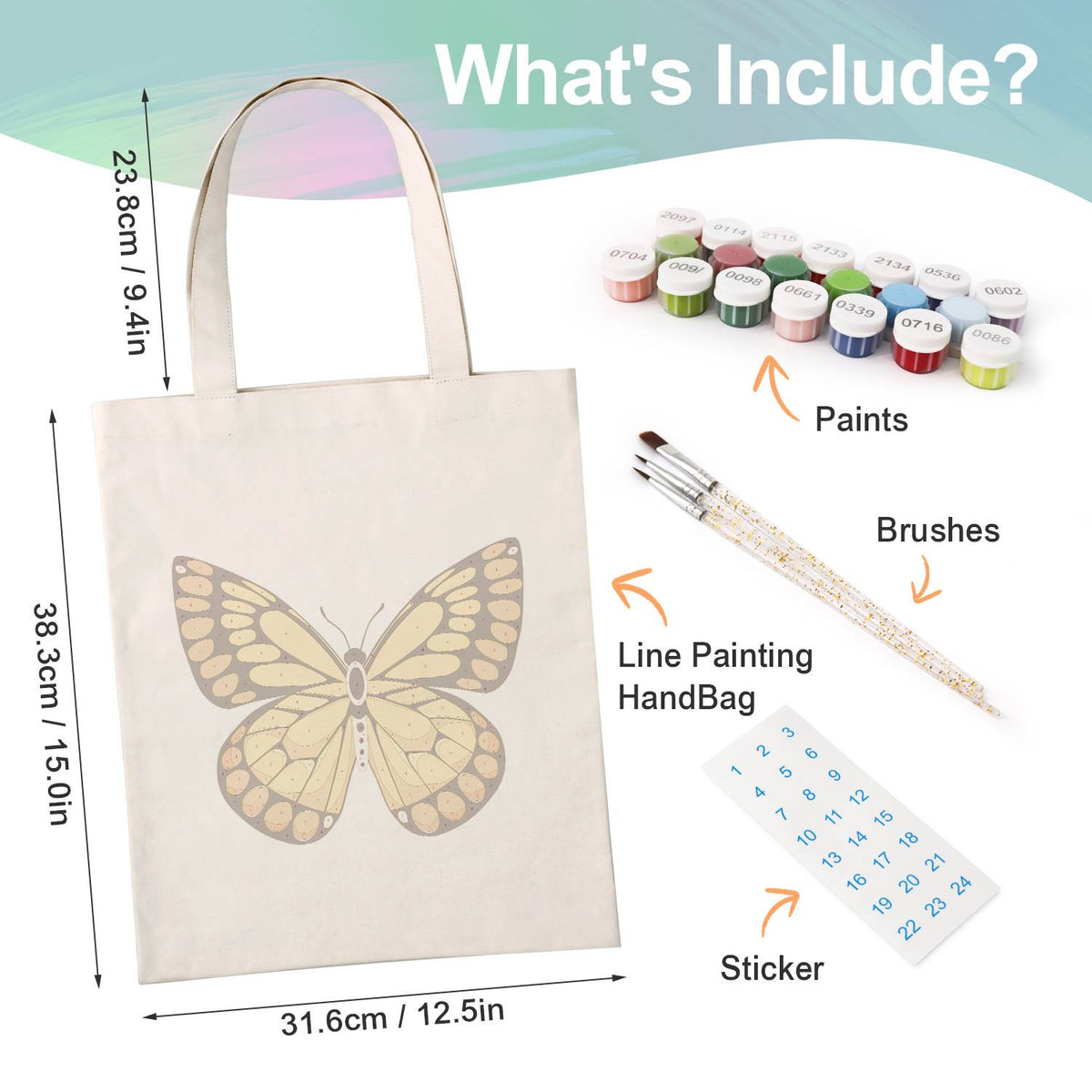 Golden Butterfly with Amber Spots paint by numbers tote bag – what's in the kit: the canvas tote, numbered paints, brushes and stickers