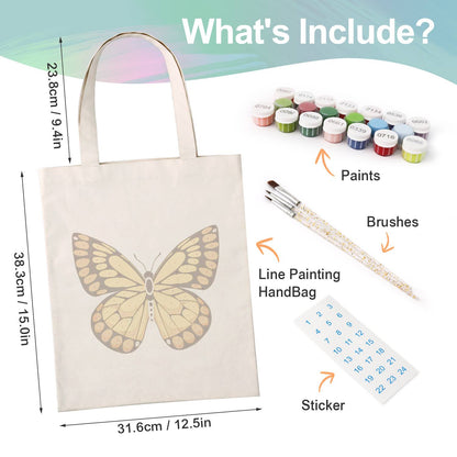 Golden Butterfly with Amber Spots paint by numbers tote bag – what's in the kit: the canvas tote, numbered paints, brushes and stickers