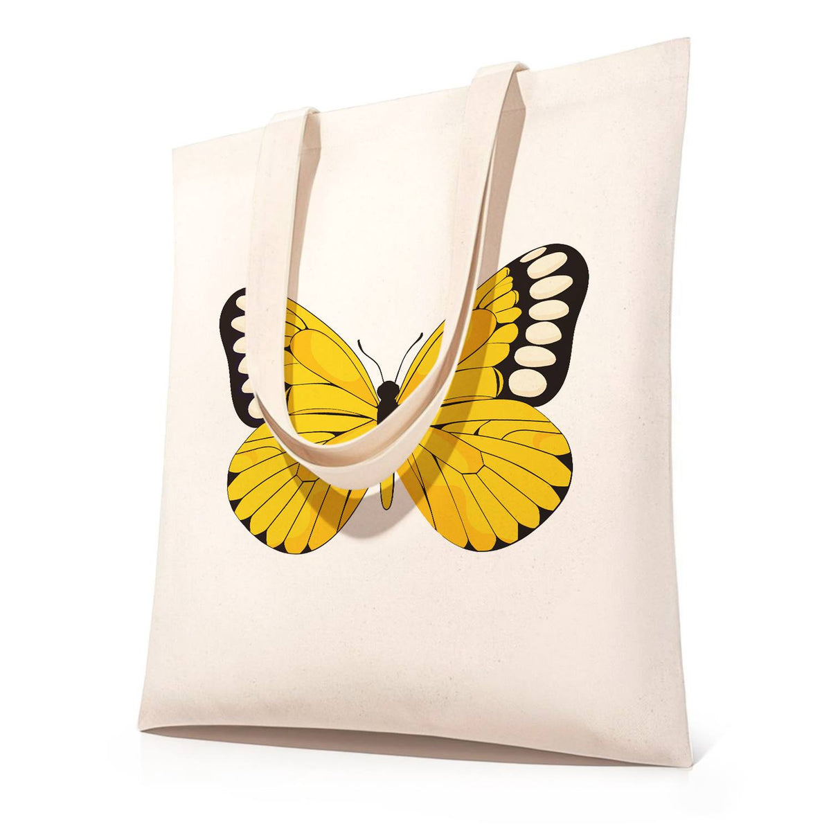 Black-Tipped Sunshine Butterfly paint by numbers tote bag – Bright yellow butterfly with black wingtips dotted in white
