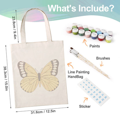 Black-Tipped Sunshine Butterfly paint by numbers tote bag – what's in the kit: the canvas tote, numbered paints, brushes and stickers