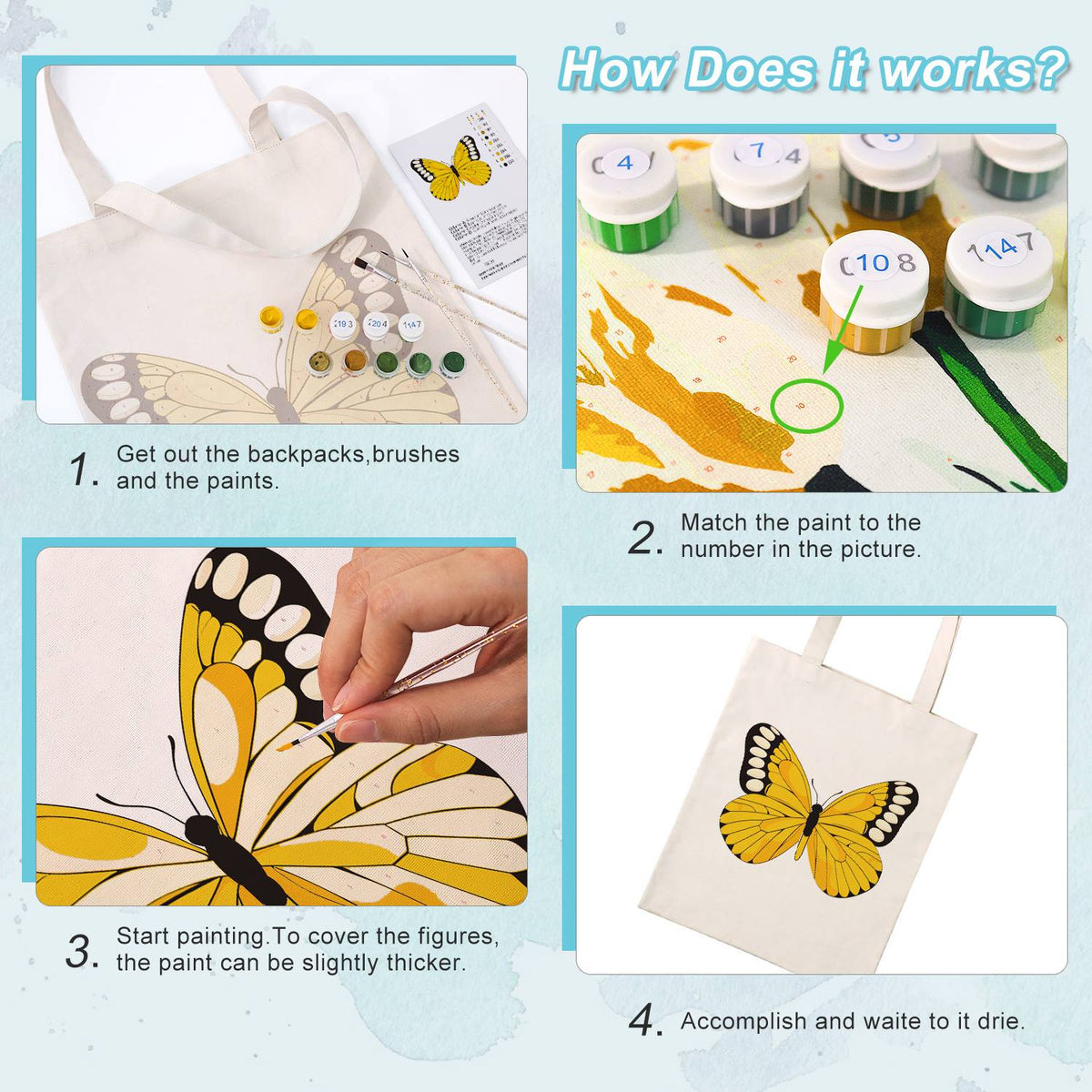 Black-Tipped Sunshine Butterfly paint by numbers tote bag – image 12