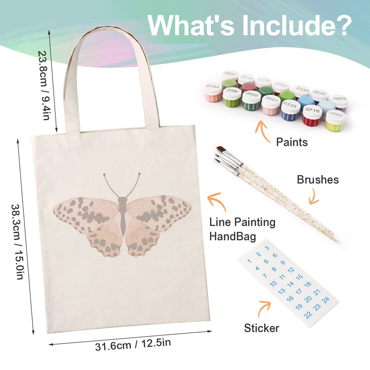 Spotted Salmon-Pink Butterfly paint by numbers tote bag – what's in the kit: the canvas tote, numbered paints, brushes and stickers