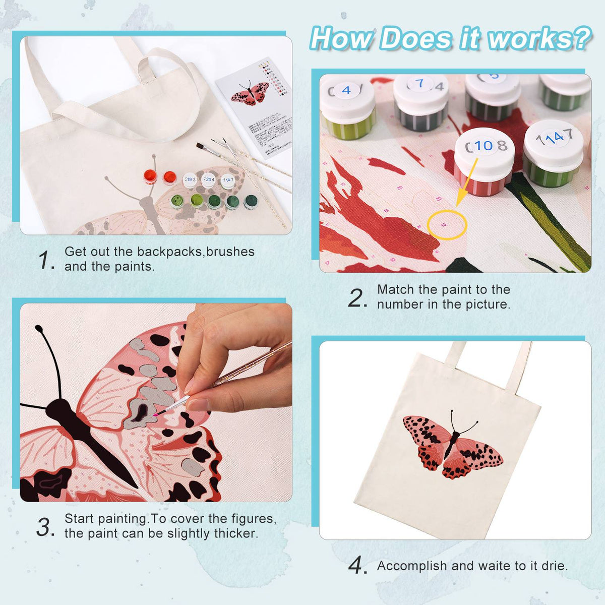 Spotted Salmon-Pink Butterfly paint by numbers tote bag – image 13