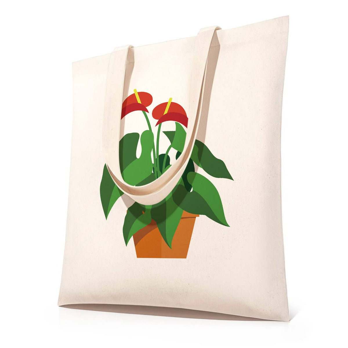Flamingo Flower in Terracotta paint by numbers tote bag – Red anthurium flowers with broad green leaves in a terracotta pot