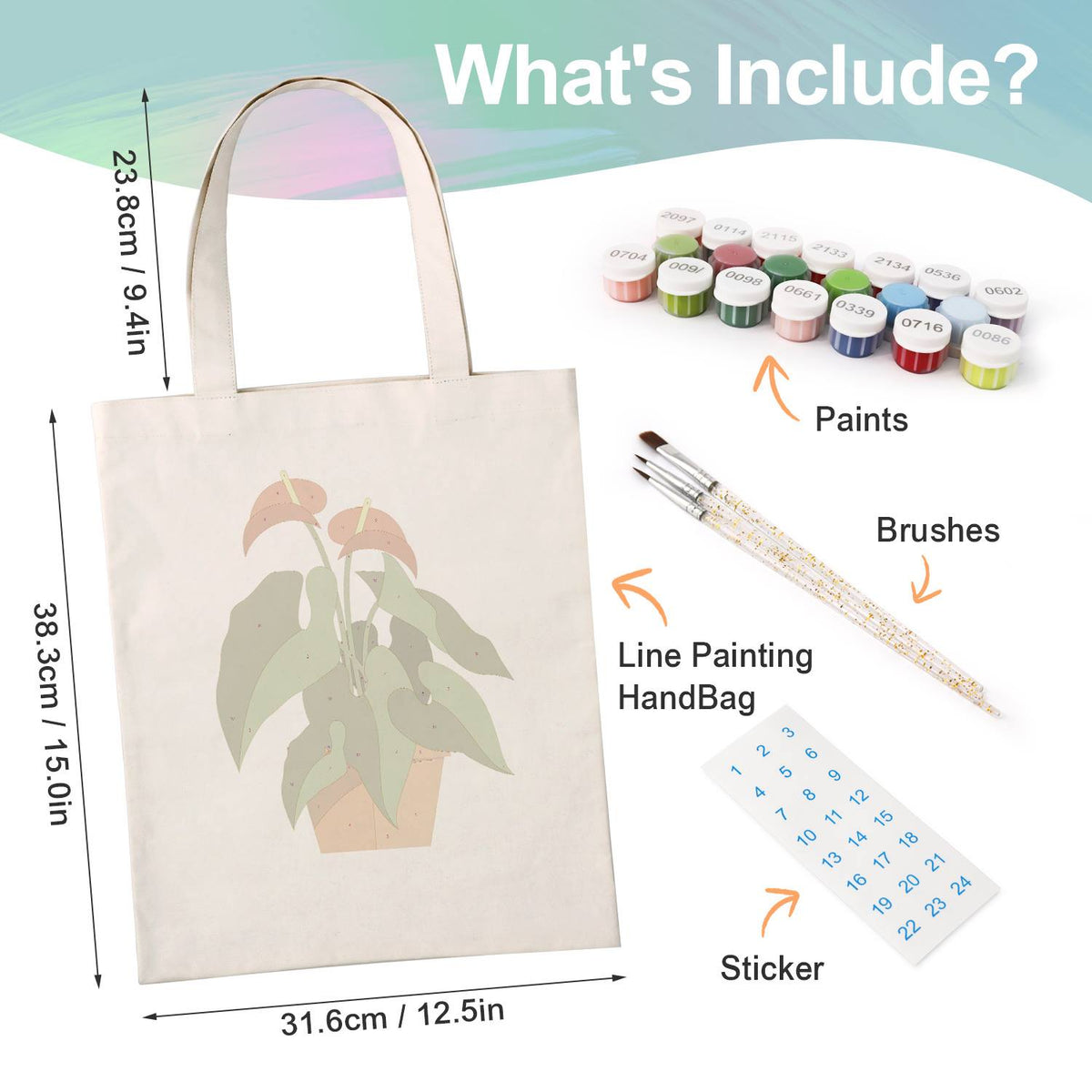 Flamingo Flower in Terracotta paint by numbers tote bag – what's in the kit: the canvas tote, numbered paints, brushes and stickers