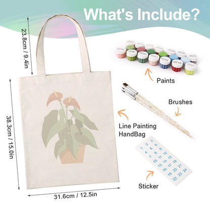 Flamingo Flower in Terracotta paint by numbers tote bag – what's in the kit: the canvas tote, numbered paints, brushes and stickers