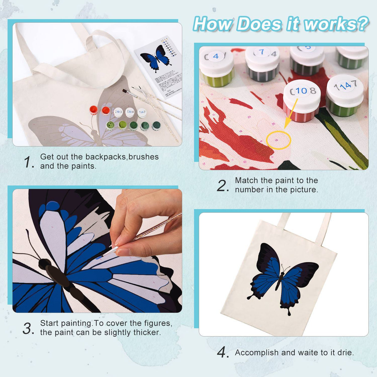 Electric Blue Swallowtail paint by numbers tote bag – image 12