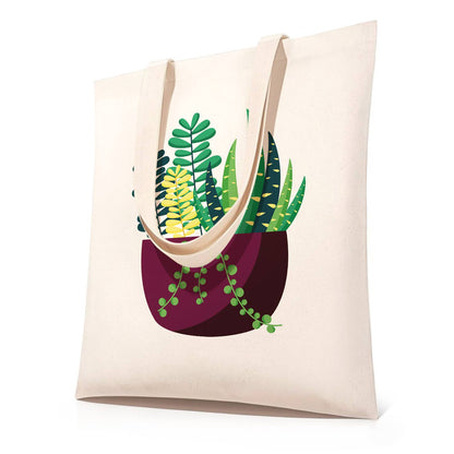 Succulent Garden in a Plum Pot paint by numbers tote bag – Spiky succulents and a striped plant in a deep plum pot with trailing beaded vines