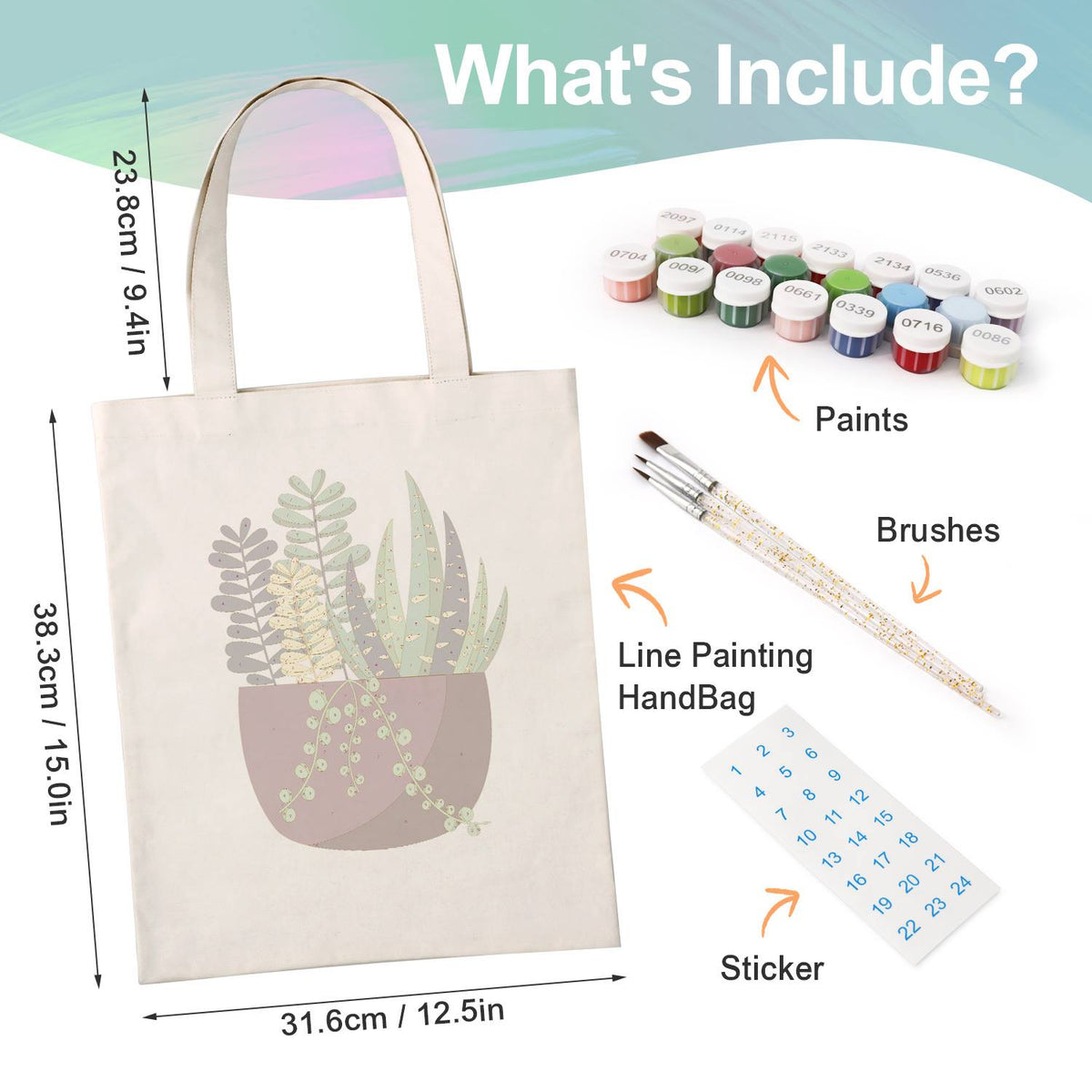 Succulent Garden in a Plum Pot paint by numbers tote bag – what's in the kit: the canvas tote, numbered paints, brushes and stickers