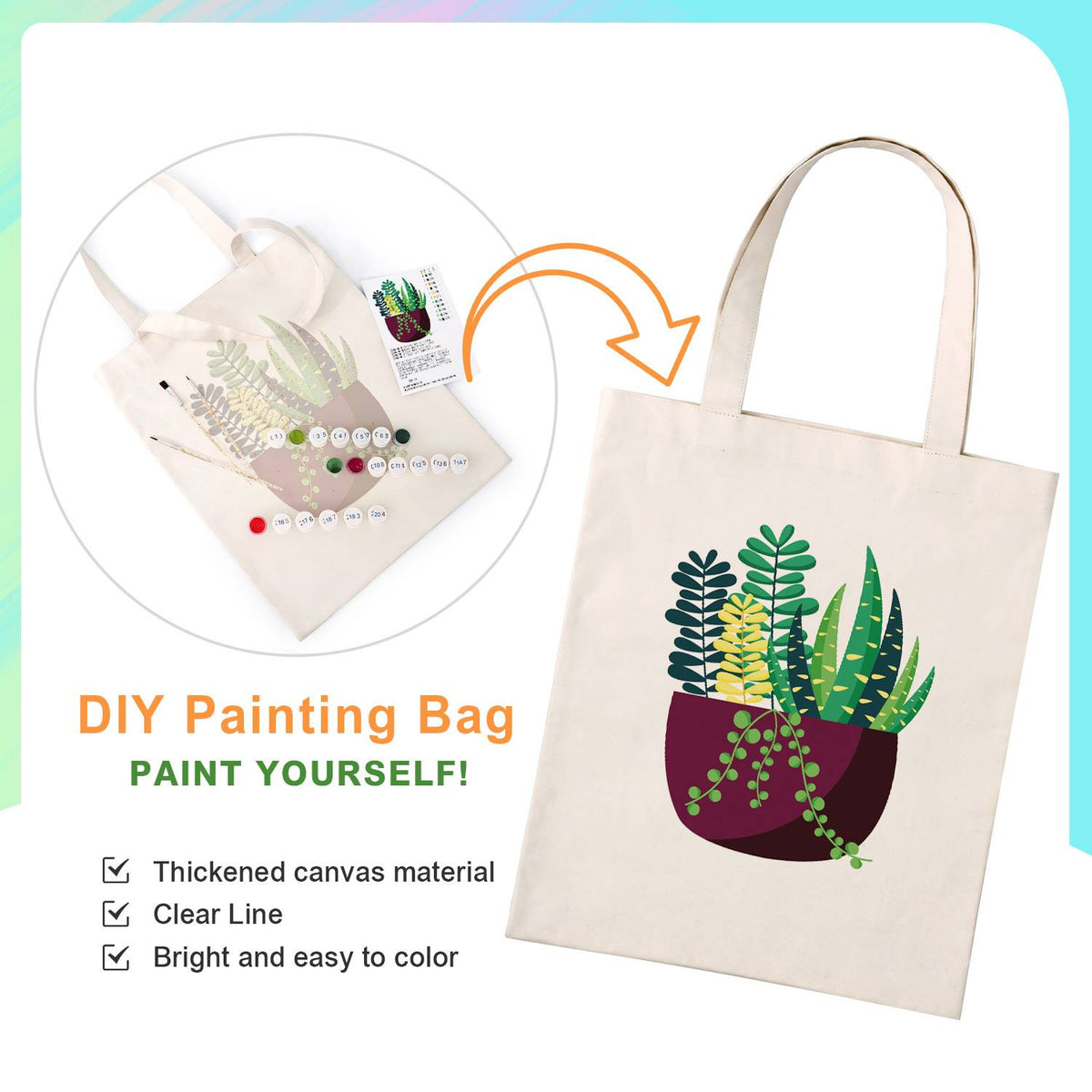 Succulent Garden in a Plum Pot paint by numbers tote bag – image 4