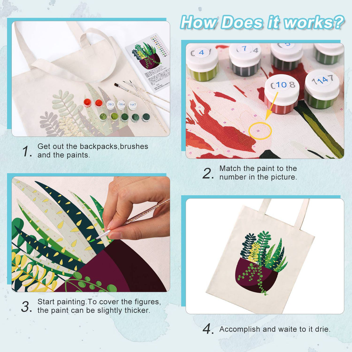 Succulent Garden in a Plum Pot paint by numbers tote bag – image 12