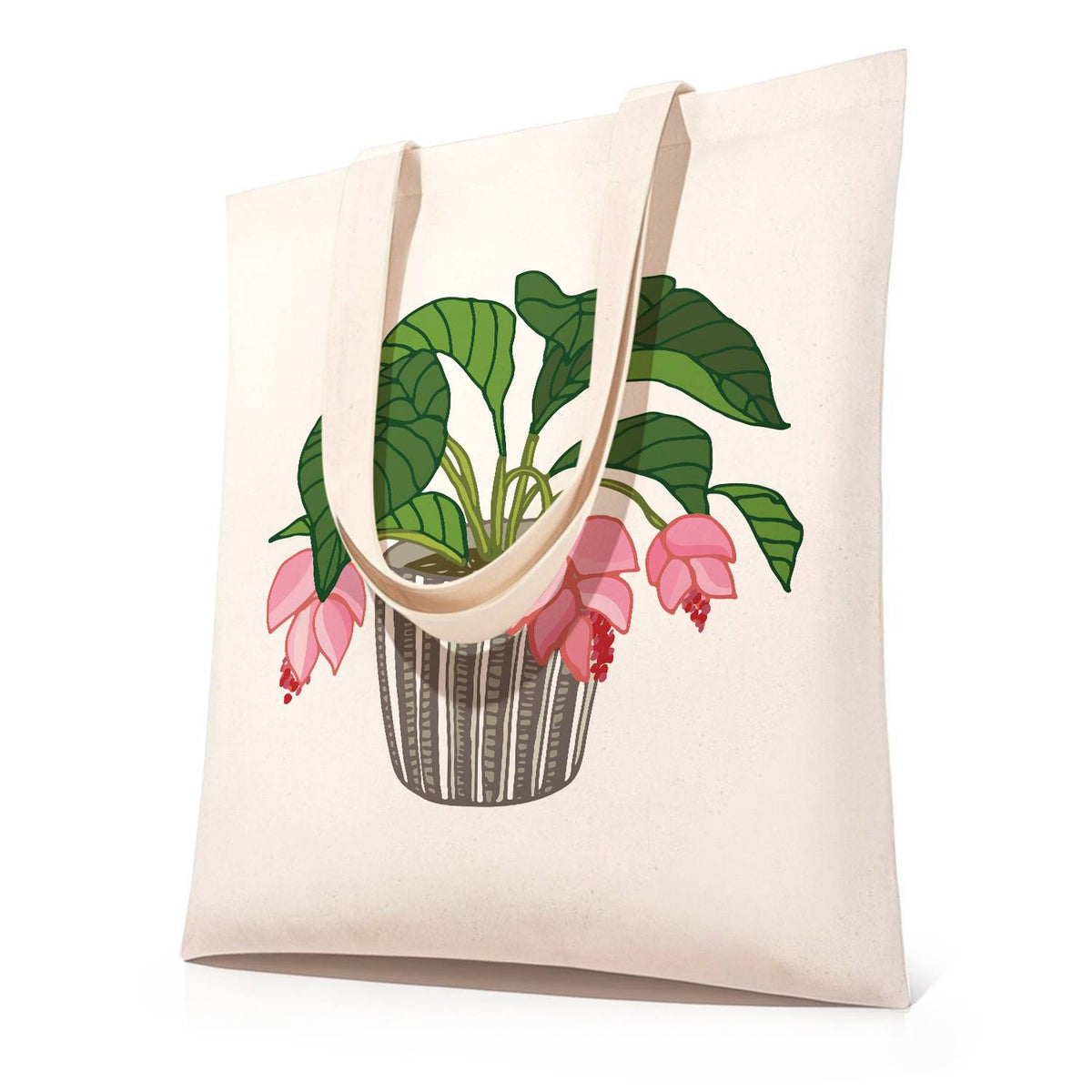 Pink Blooms in a Striped Pot paint by numbers tote bag – Leafy green houseplant with drooping pink blossoms in a grey striped pot
