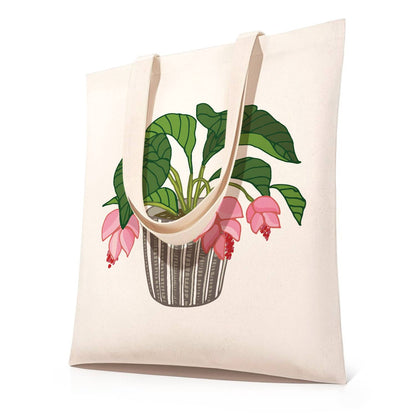 Pink Blooms in a Striped Pot paint by numbers tote bag – Leafy green houseplant with drooping pink blossoms in a grey striped pot
