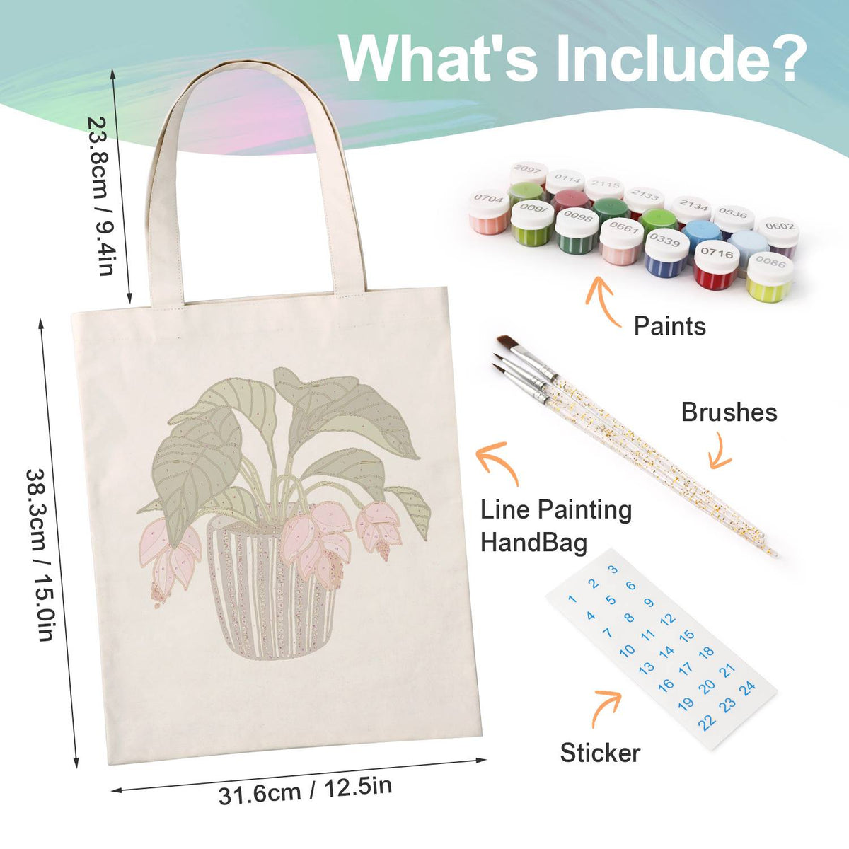 Pink Blooms in a Striped Pot paint by numbers tote bag – what's in the kit: the canvas tote, numbered paints, brushes and stickers