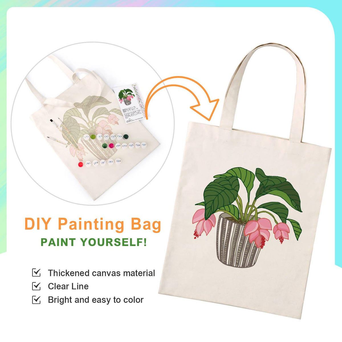 Pink Blooms in a Striped Pot paint by numbers tote bag – image 4