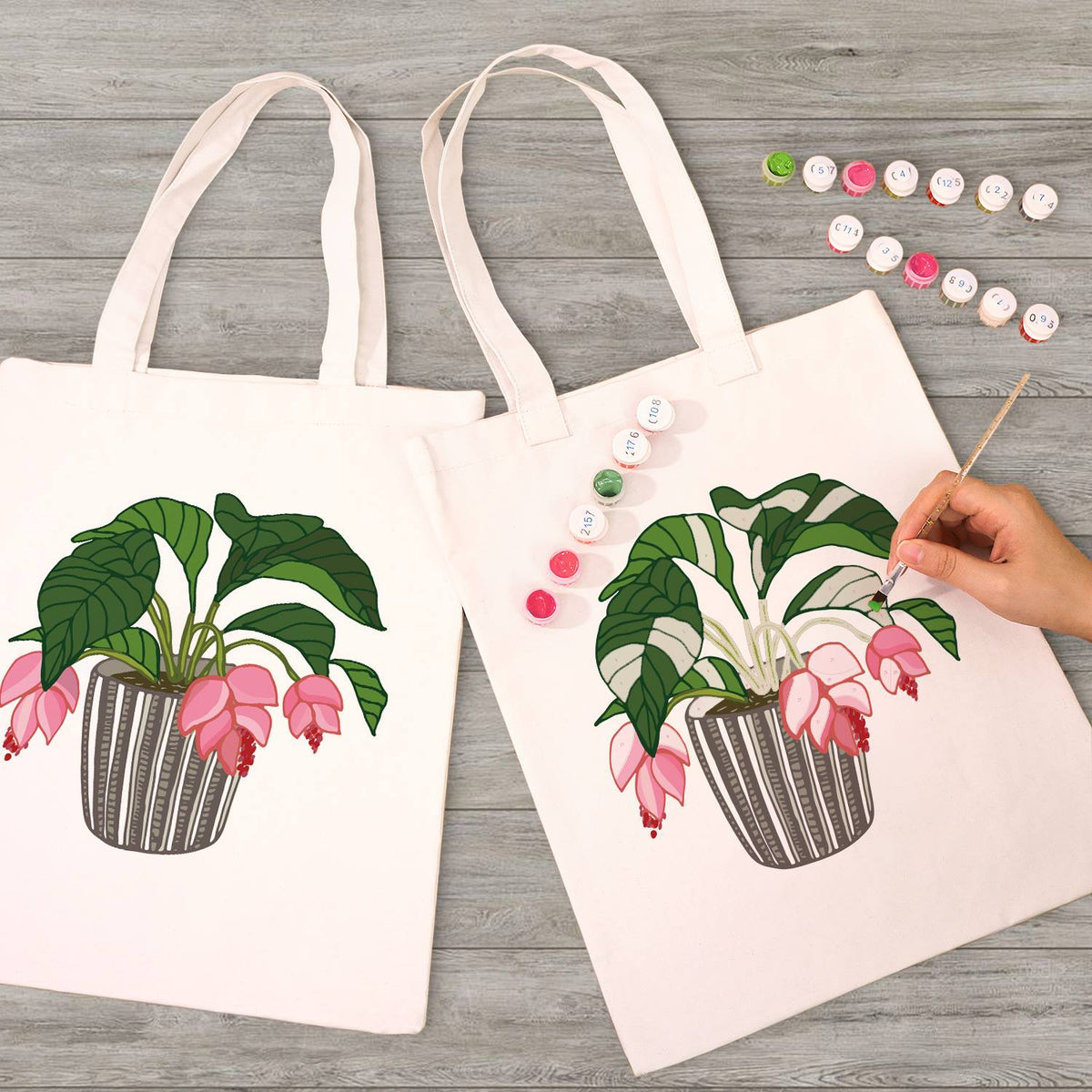 Pink Blooms in a Striped Pot paint by numbers tote bag – image 7