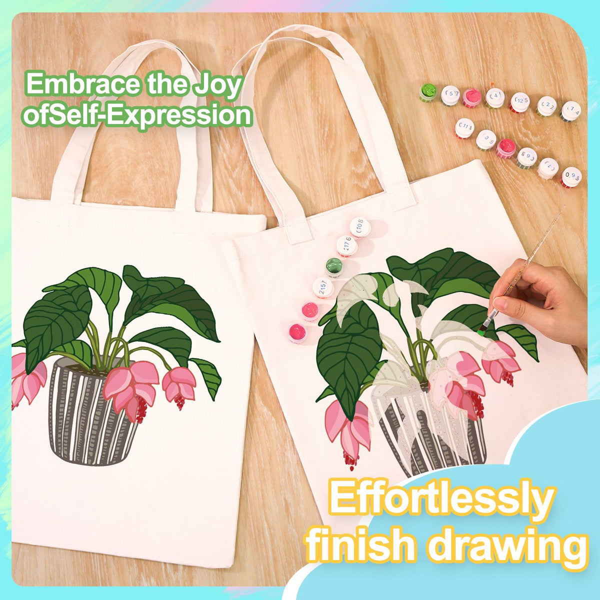 Pink Blooms in a Striped Pot paint by numbers tote bag – image 8