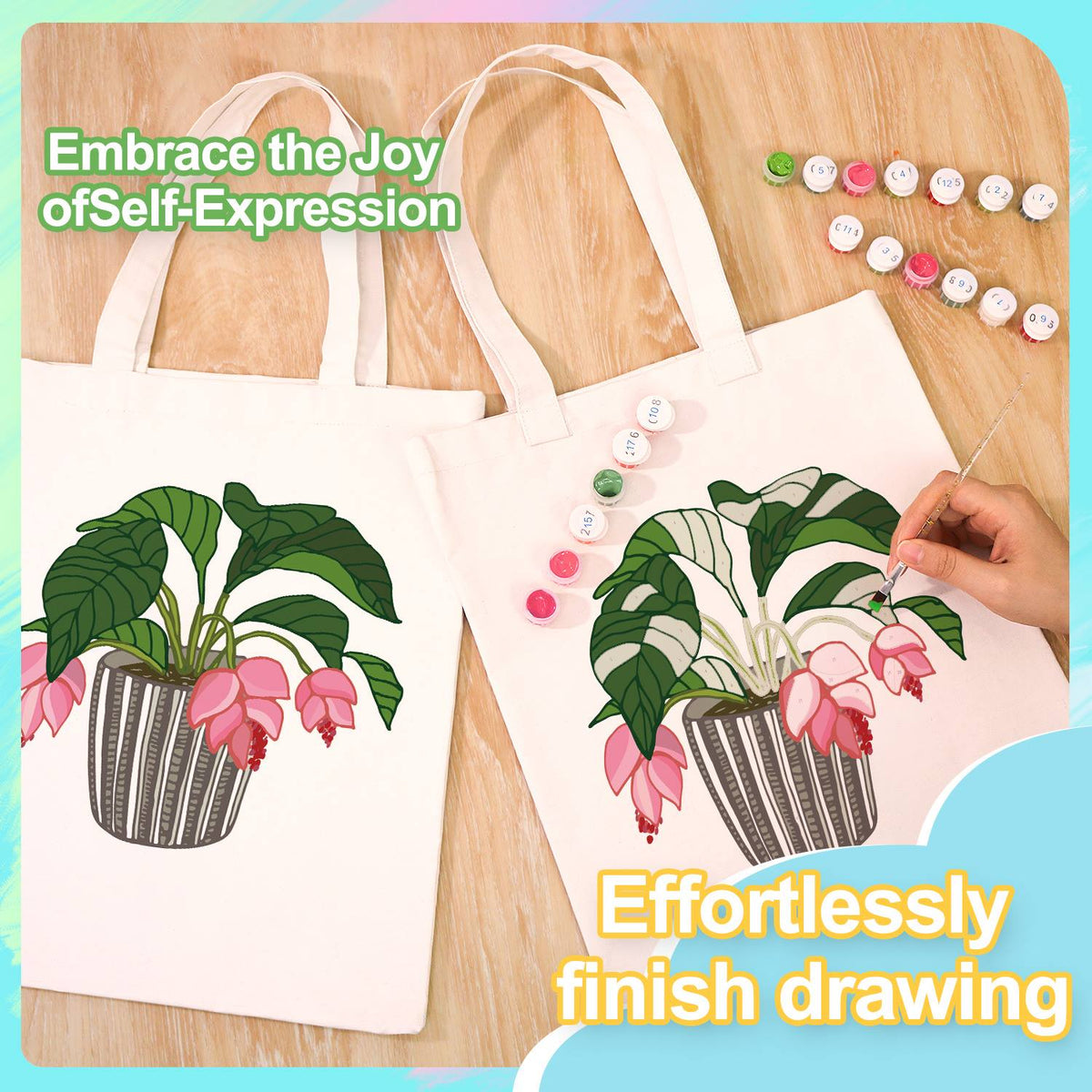 Pink Blooms in a Striped Pot paint by numbers tote bag – image 9