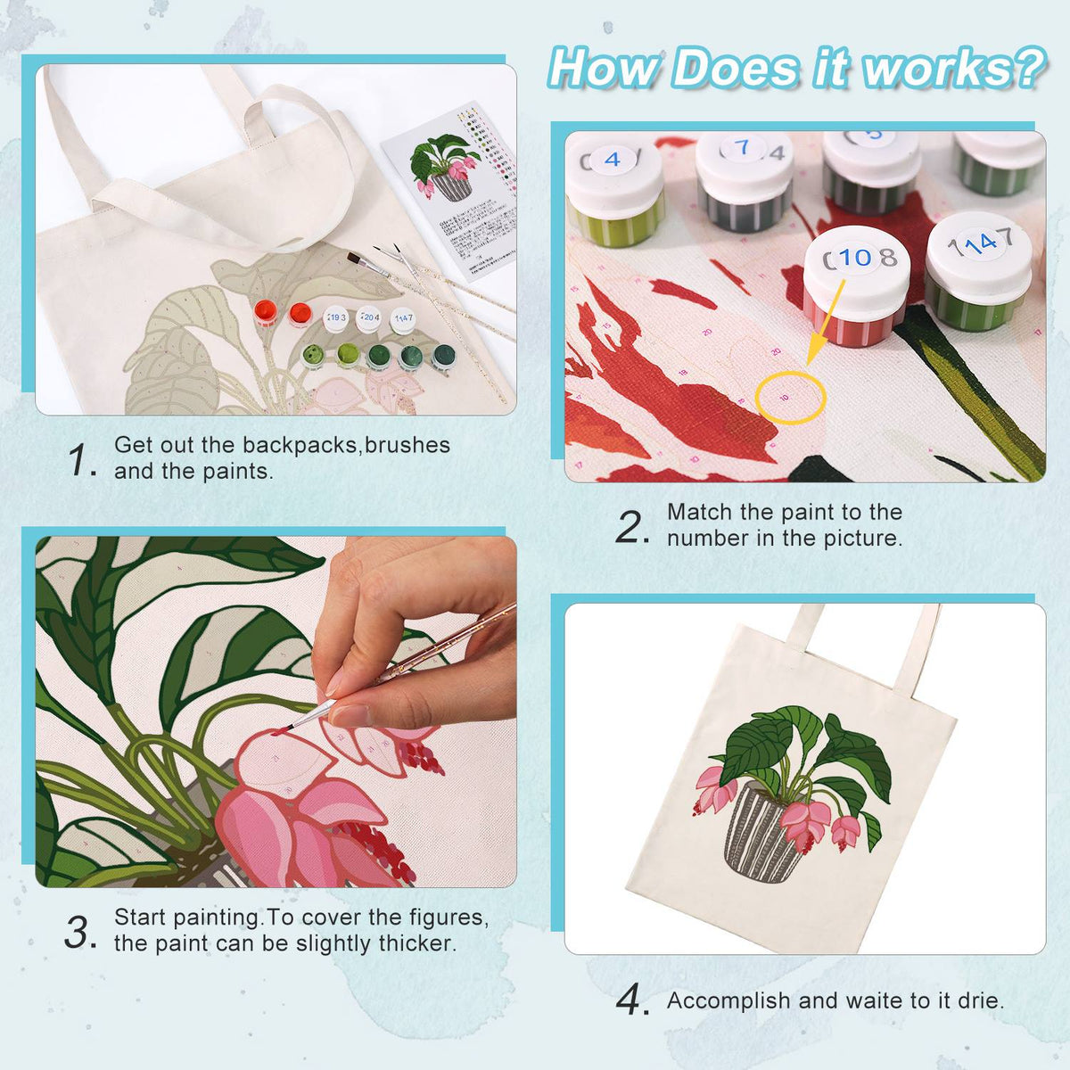 Pink Blooms in a Striped Pot paint by numbers tote bag – image 13