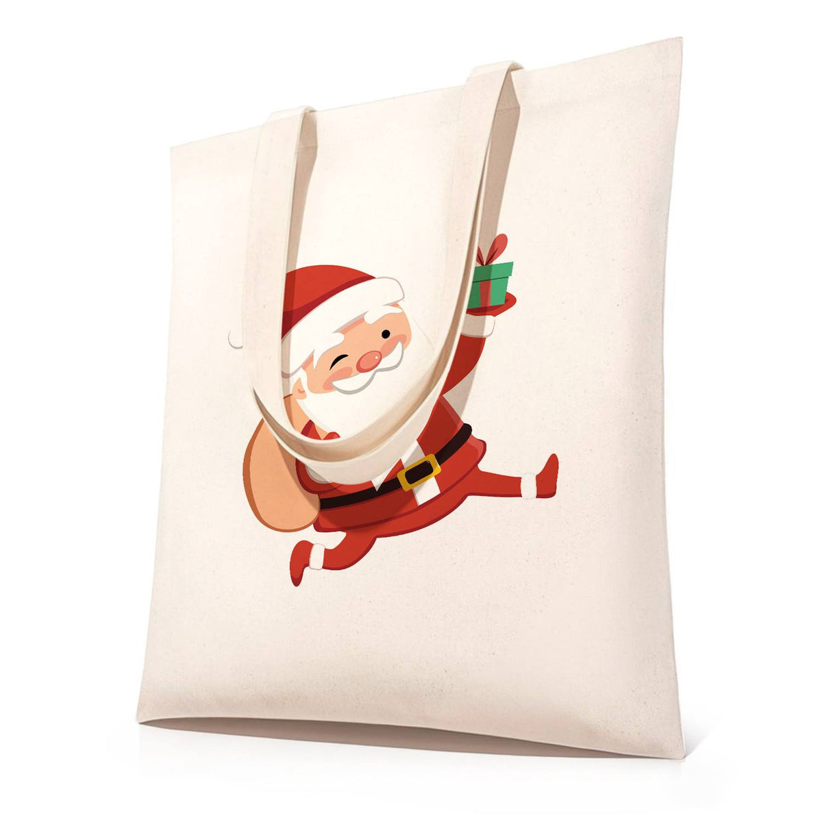 Santa Dashing with a Gift paint by numbers tote bag – Smiling Santa Claus running with a sack over his shoulder and a gift held high