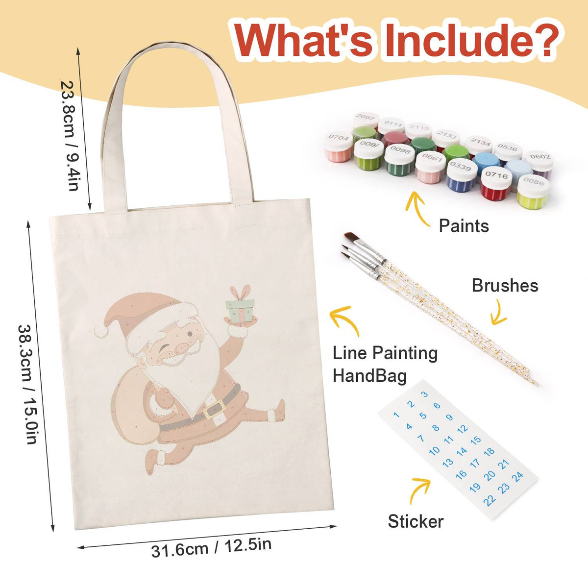 Santa Dashing with a Gift paint by numbers tote bag – what's in the kit: the canvas tote, numbered paints, brushes and stickers