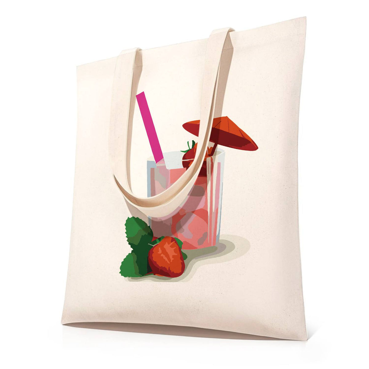 Iced Strawberry Cooler paint by numbers tote bag – Glass of iced pink drink with a pink straw and red umbrella, strawberries at its base