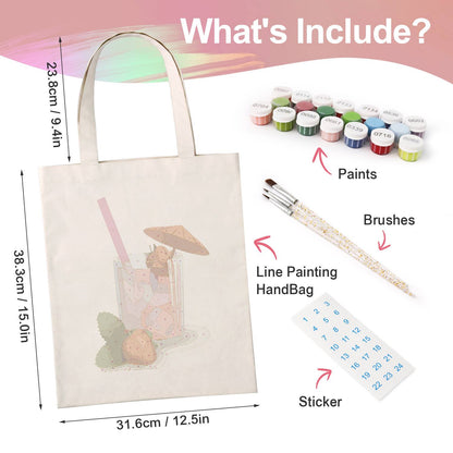 Iced Strawberry Cooler paint by numbers tote bag – what's in the kit: the canvas tote, numbered paints, brushes and stickers